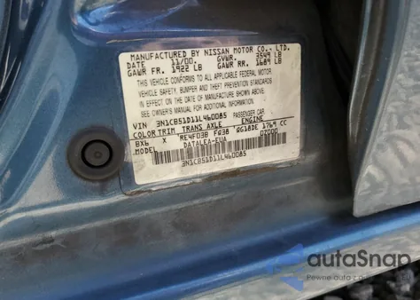 2001 Nissan Sentra Xe из США, поврежденный, VIN 3N1CB51D11L460085